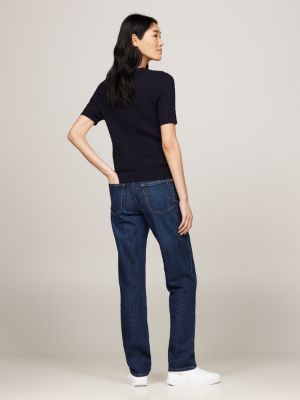 blau kurzarm-pullover mit zopfmuster für damen - tommy hilfiger