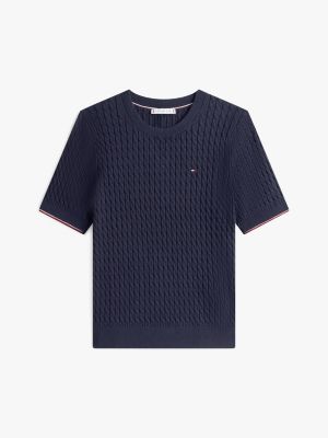 blau kurzarm-pullover mit zopfmuster für damen - tommy hilfiger