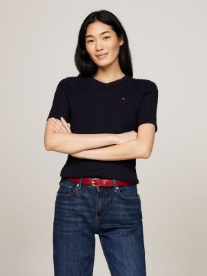 blue cable knit slim short sleeve jumper for women tommy hilfiger