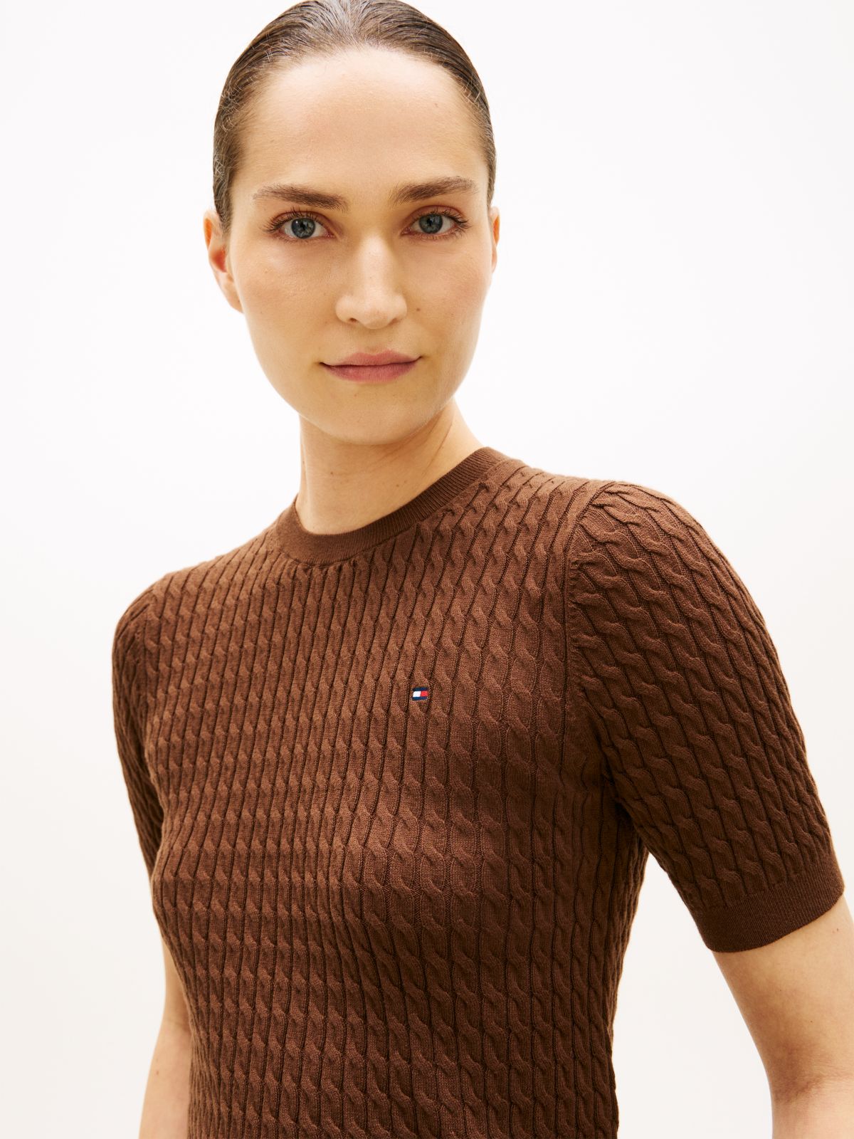 Cable Knit Short Sleeve Jumper — Brown