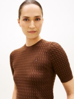 Cable Knit Short Sleeve Jumper — Brown 2