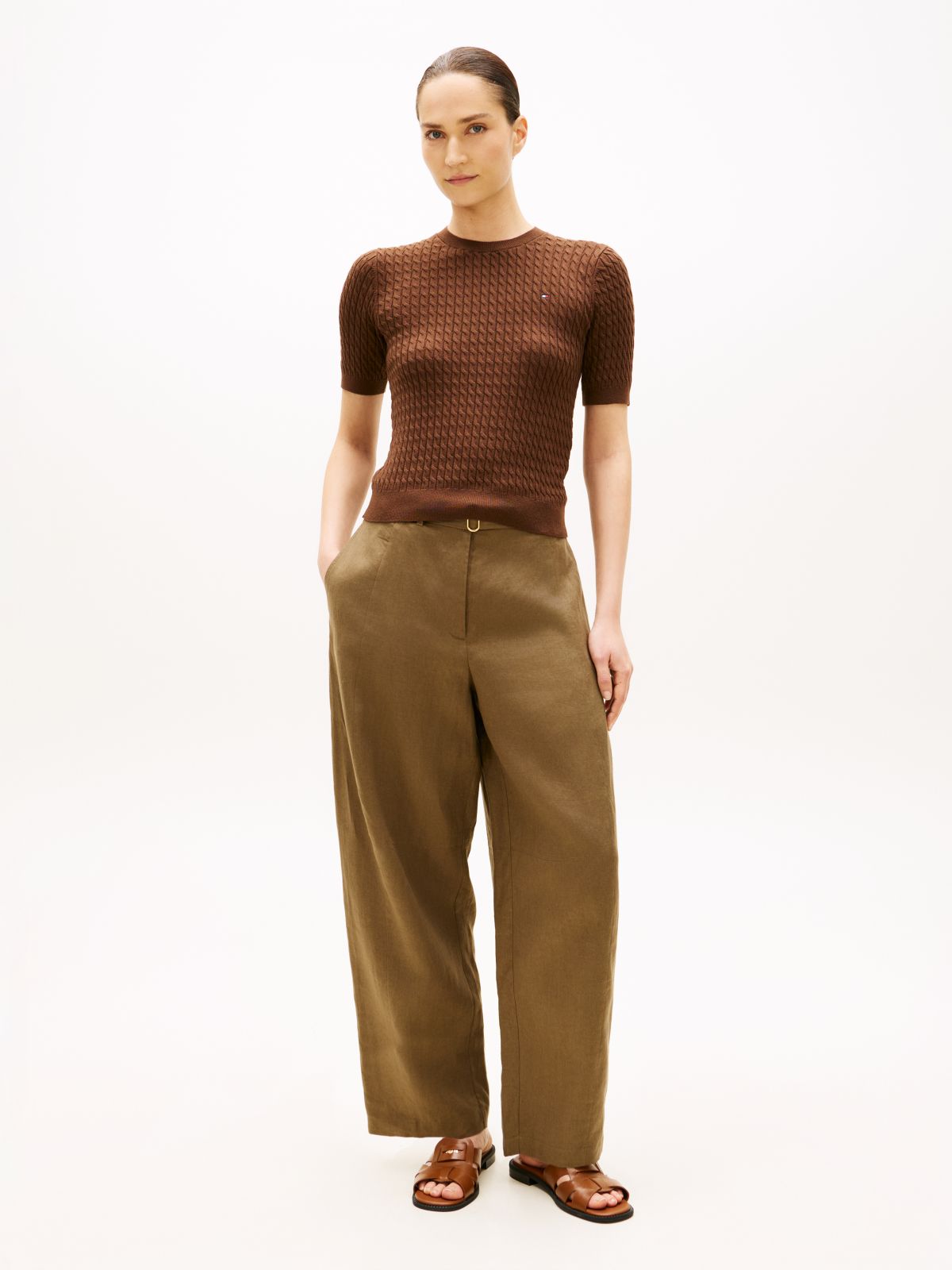 Cable Knit Short Sleeve Jumper — Brown