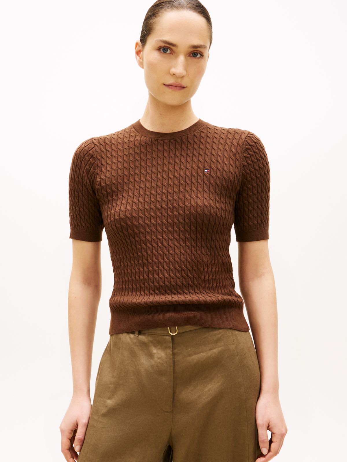 Cable Knit Short Sleeve Jumper — Brown