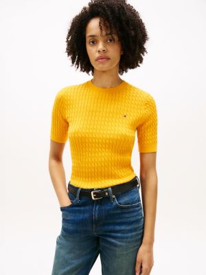 orange cable knit short sleeve jumper for women tommy hilfiger