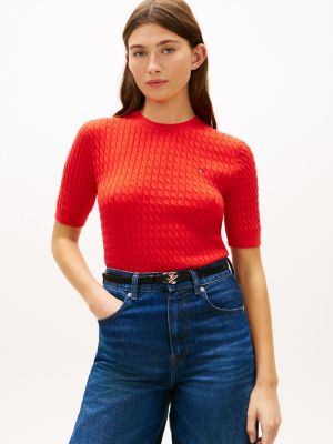 pull à manches courtes en maille torsadée orange pour femmes tommy hilfiger