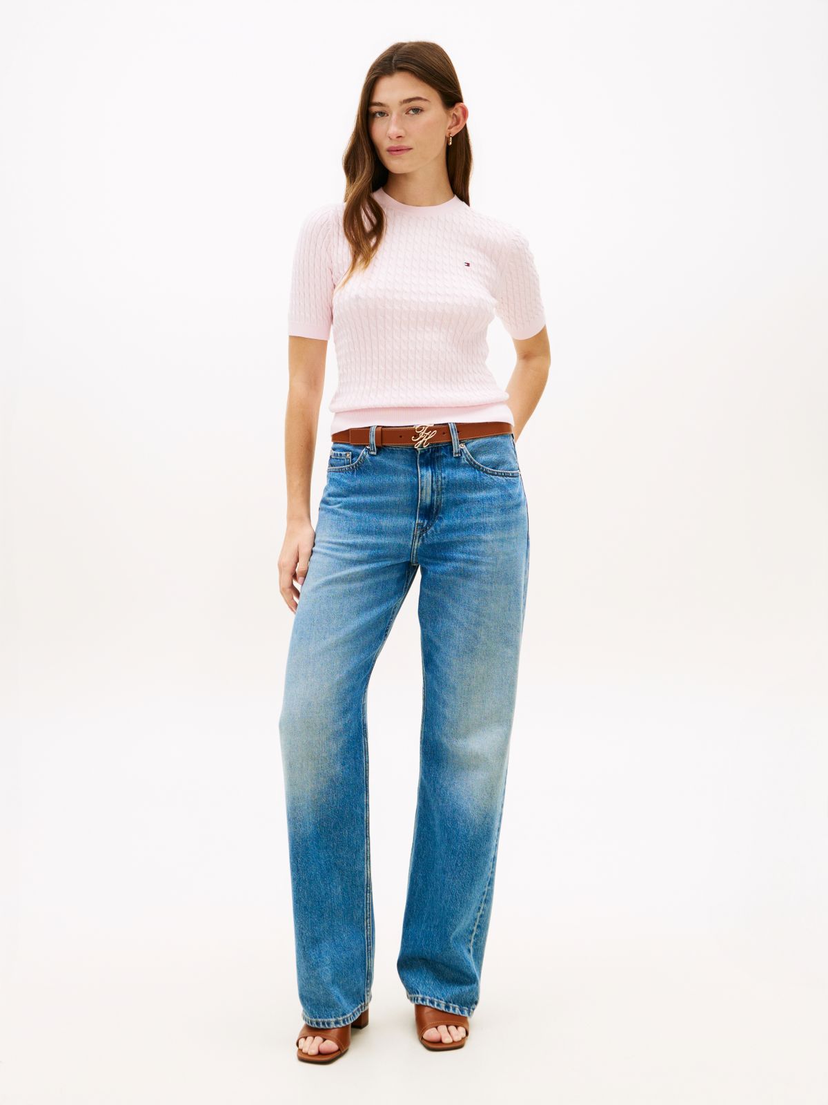 Cable Knit Short Sleeve Jumper — Pink