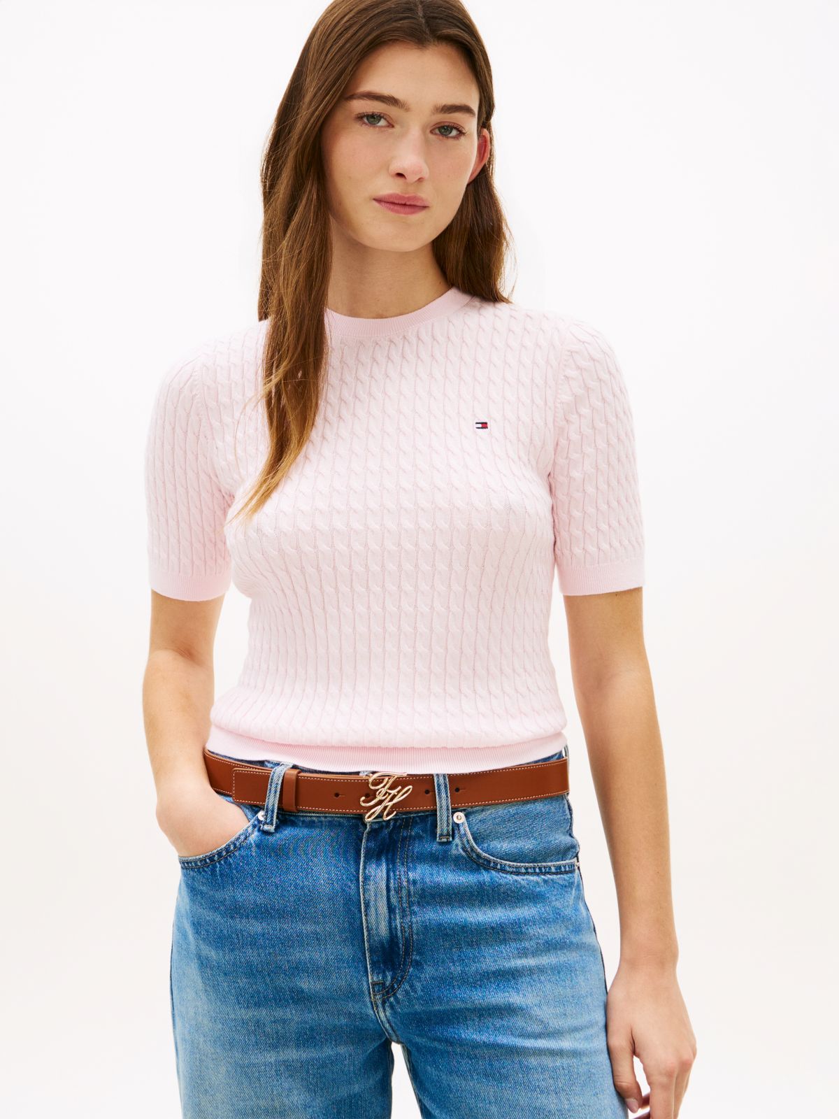 Cable Knit Short Sleeve Jumper — Pink
