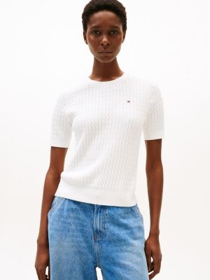 white cable knit short sleeve jumper for women tommy hilfiger