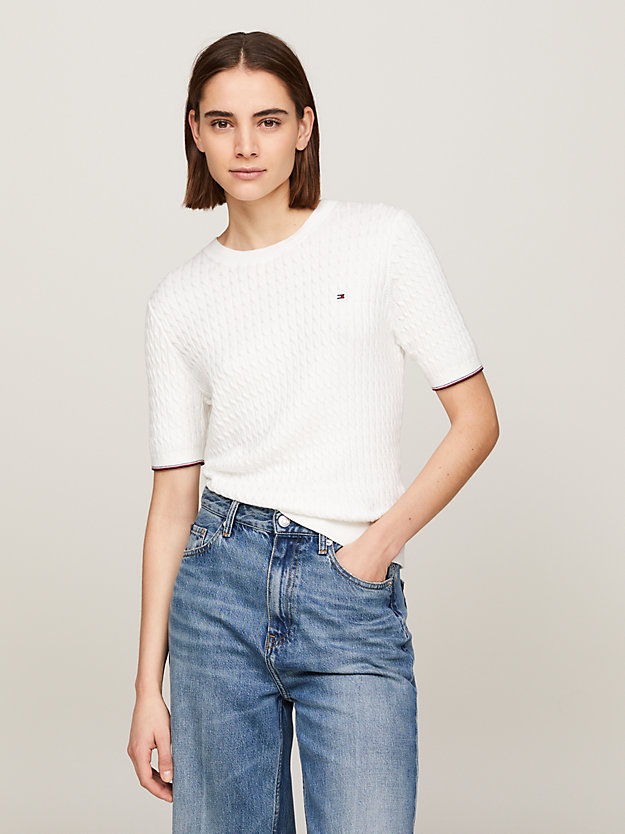 Cable Knit Short Sleeve Jumper | White | Tommy Hilfiger