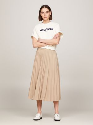 beige logo waistband pleated midi skirt for women tommy hilfiger