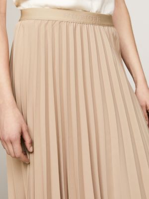 beige logo waistband pleated midi skirt for women tommy hilfiger