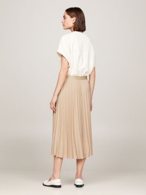 beige geplooide midirok met logotailleband voor dames - tommy hilfiger