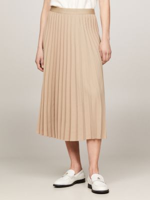 beige geplooide midirok met logotailleband voor dames - tommy hilfiger