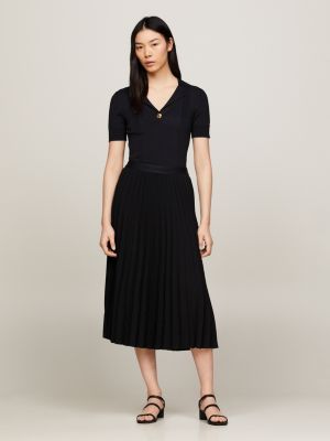 zwart geplooide midirok met logotailleband voor dames - tommy hilfiger