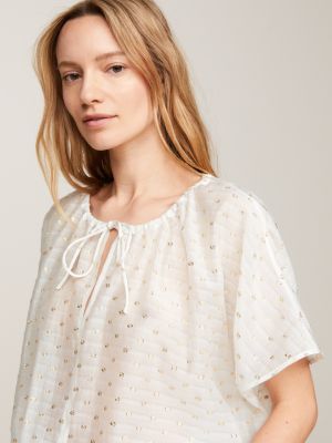 Metallic Embroidery Gathered Collar Relaxed Blouse | White | Tommy Hilfiger