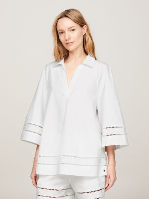 white oversized fit bluse mit lochstickerei für damen - tommy hilfiger