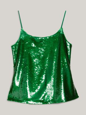 canotta in paillettes con scollatura ovale verde da donne tommy hilfiger