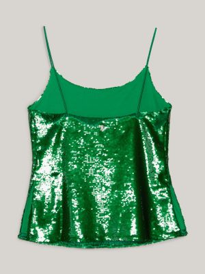 canotta in paillettes con scollatura ovale verde da donne tommy hilfiger