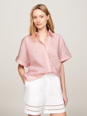 pink oversized fit kurzarmhemd mit lochstickerei für damen - tommy hilfiger