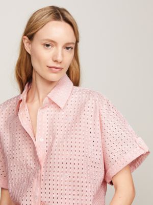 pink broderie anglaise oversized short sleeve shirt for women tommy hilfiger