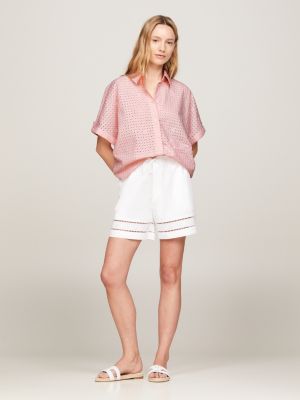 pink oversized fit kurzarmhemd mit lochstickerei für damen - tommy hilfiger