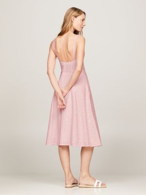 vestido midi calado de tirantes rosa de mujeres tommy hilfiger