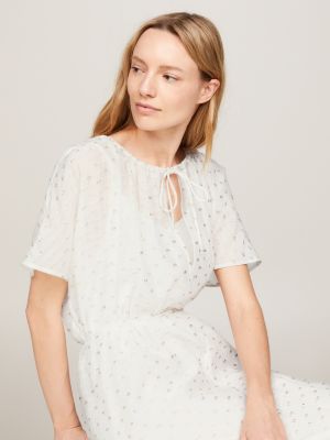 Metallic Embroidery Waisted Relaxed Midi Dress | White | Tommy 