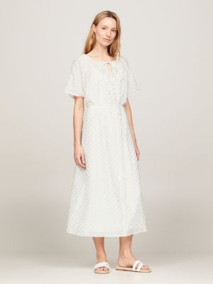 white metallic embroidery waisted relaxed midi dress for women tommy hilfiger