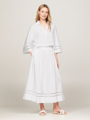 falda midi con detalle calado y monogramas th white de mujeres tommy hilfiger