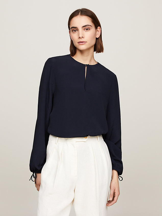 blue keyhole front relaxed crepe blouse for women tommy hilfiger