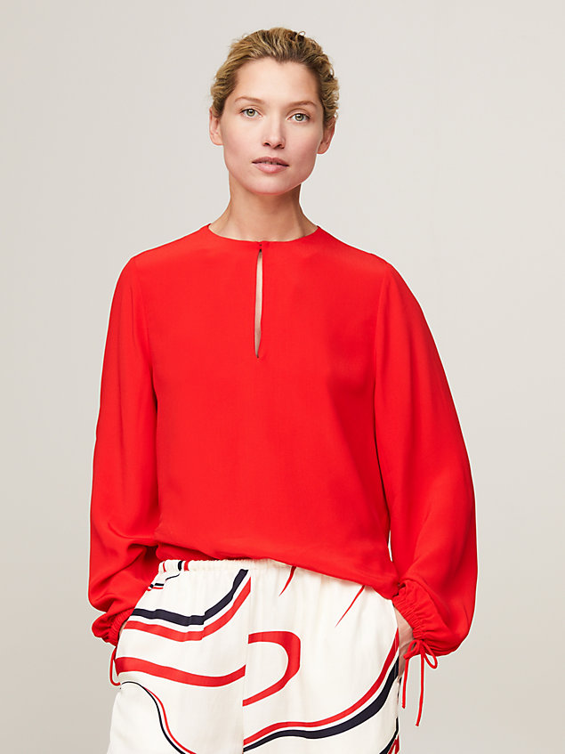 red keyhole front relaxed crepe blouse for women tommy hilfiger