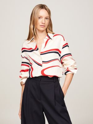 white relaxed fit hemd mit bänder-print für damen - tommy hilfiger