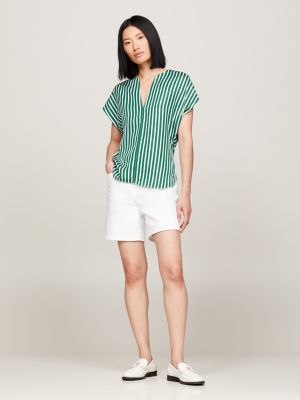 Tommy Blouse Short V-Neck | Green Hilfiger Sleeve Stripe | Fluid