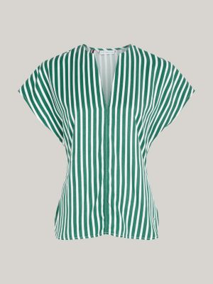 Fluid Stripe V-Neck Short Sleeve Hilfiger Blouse | | Green Tommy