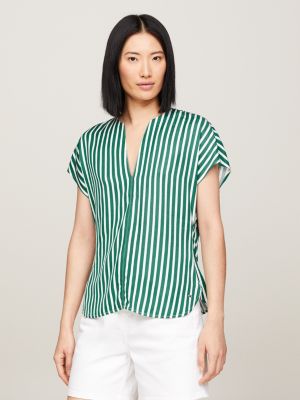 green gestreifte kurzarm-bluse mit v-ausschnitt für damen - tommy hilfiger
