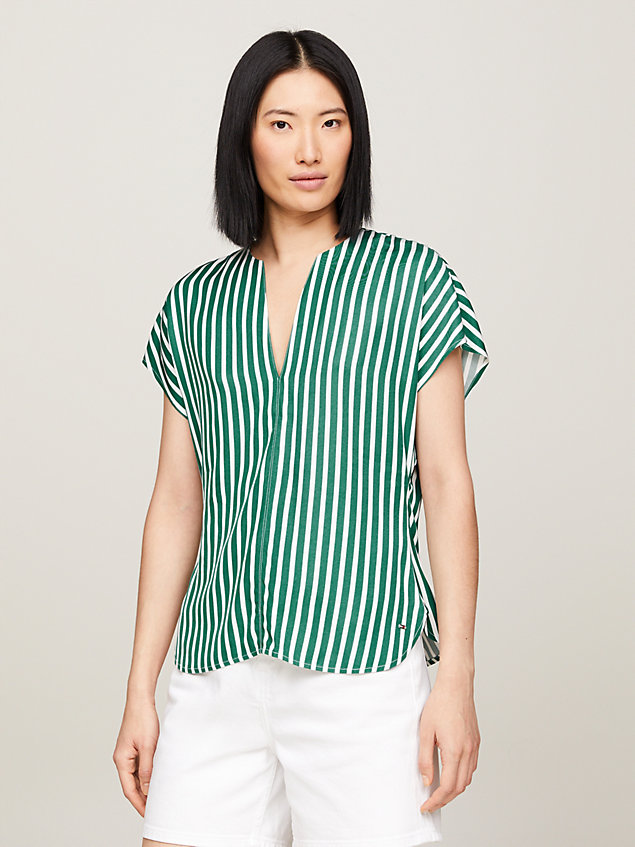 green gestreepte vloeiende blouse met v-hals voor dames - tommy hilfiger