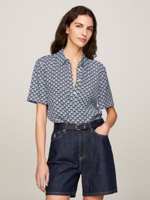 Tommy Hilfiger Women's Plus Short Sleeve Camp Shirt, Printed Pindot,  BLUEBRY Multi at  Women's Clothing store