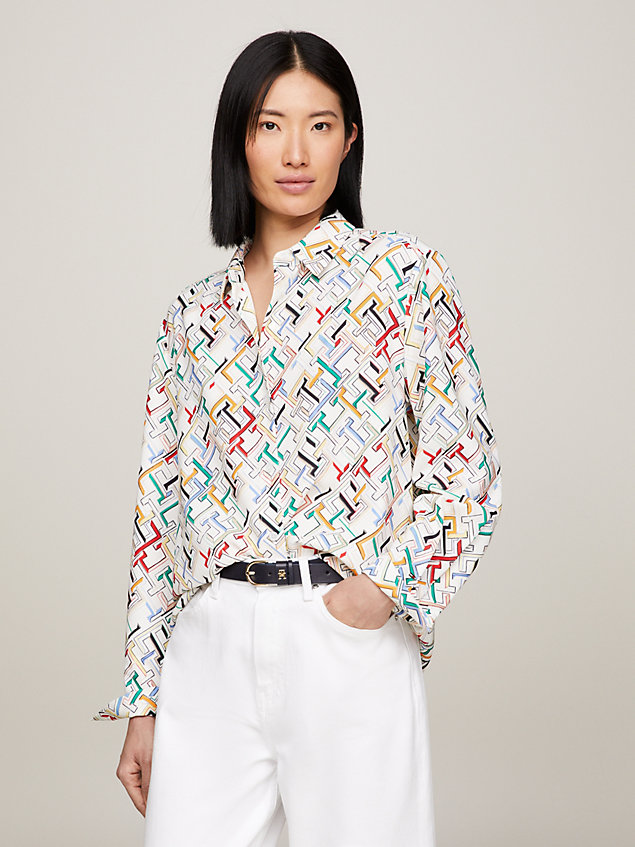 white relaxed blouse met th-monogramprint voor dames - tommy hilfiger