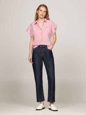 white regular fit kurzarm-hemd mit ithaka-streifen für damen - tommy hilfiger