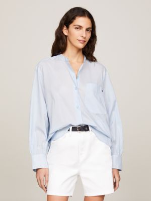 blue oversized fit voile-bluse mit grandad-kragen für damen - tommy hilfiger