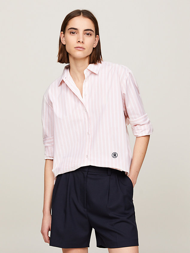 pink relaxed overhemd met streep en th-monogram voor dames - tommy hilfiger
