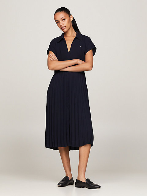 blue pleated midi polo dress for women tommy hilfiger