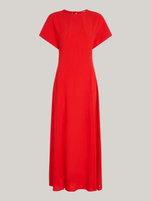 Crepe maxi jurk met korte mouwen en monogram Rood Tommy Hilfiger