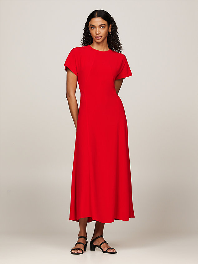 red crêpe maxi-jurk met korte mouwen en monogram voor dames - tommy hilfiger