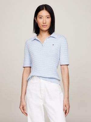 Cable Knit Slim Short Sleeve Polo Jumper | Blue | Tommy Hilfiger