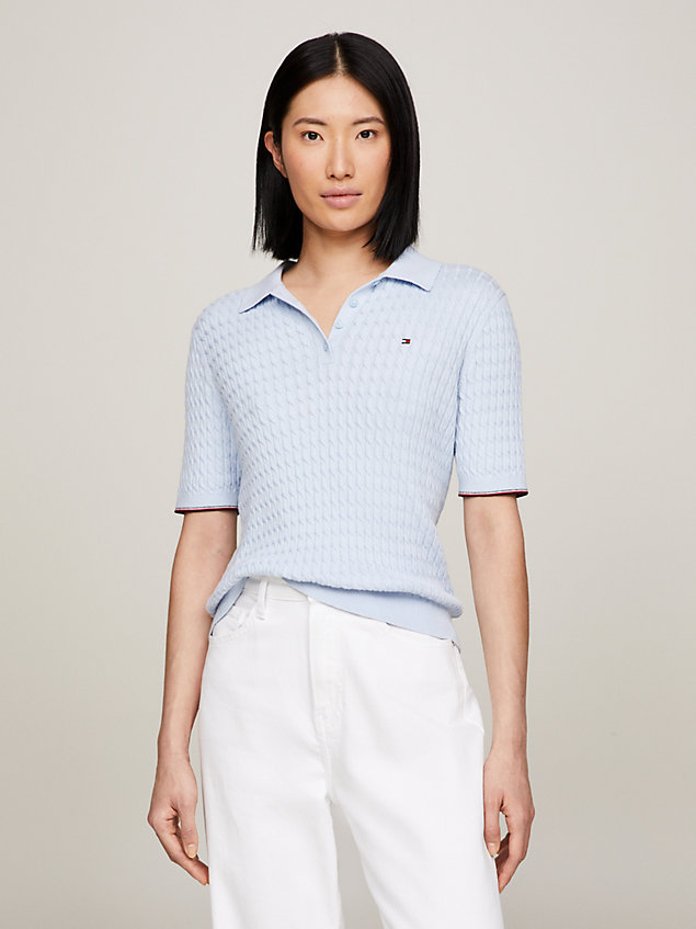 blue cable knit slim short sleeve polo jumper for women tommy hilfiger