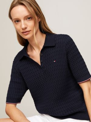 Cable Knit Slim Short Sleeve Polo Jumper | Blue | Tommy Hilfiger