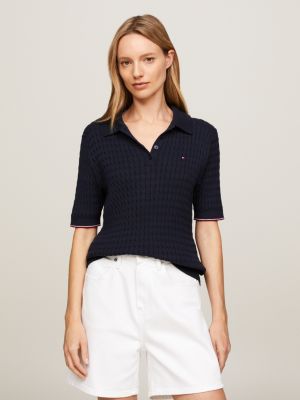 blue slim fit zopfstrick-pullover mit kurzem ärmel für damen - tommy hilfiger