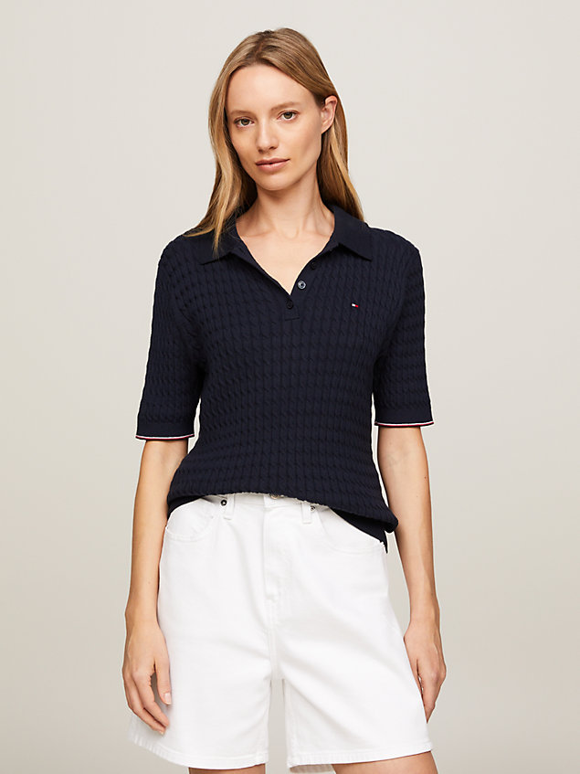 blue cable knit slim short sleeve polo jumper for women tommy hilfiger