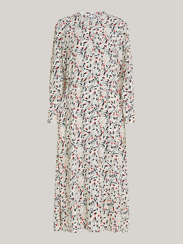 white midi-jurk met lintprint en lange mouwen voor dames - tommy hilfiger